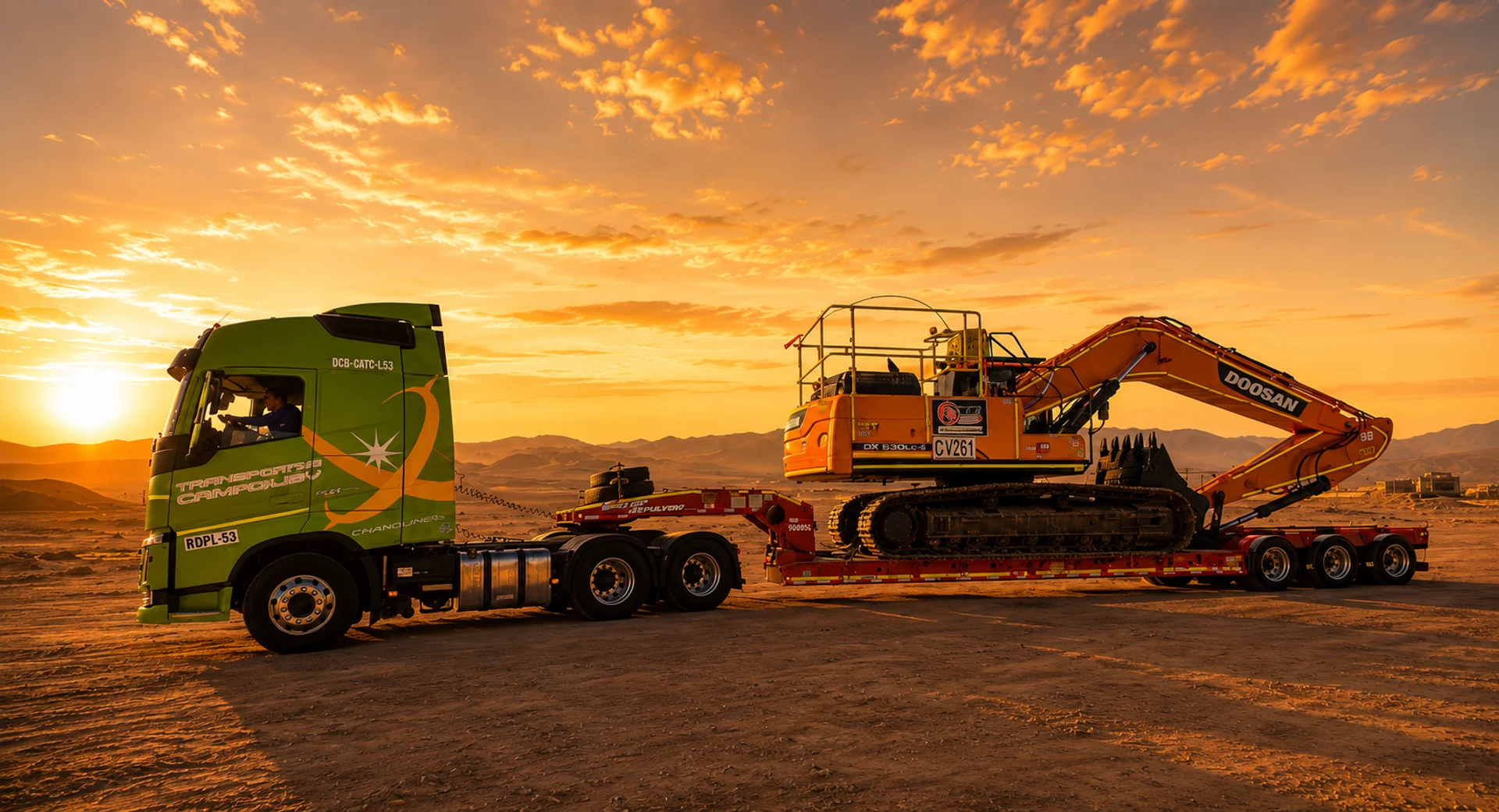 Transporte de maquinaria pesada al atardecer